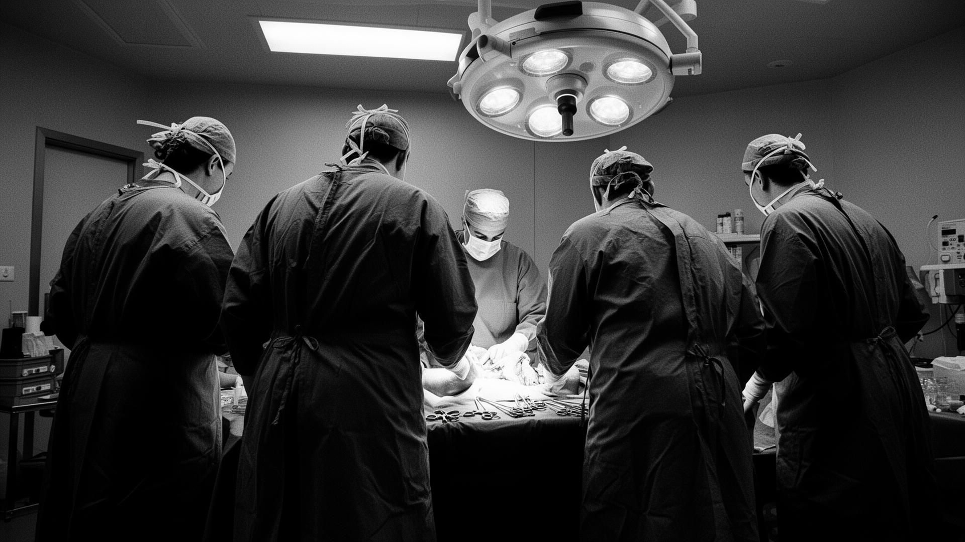 A surgical team in scrubs gathered around the OR table mid-procedure.